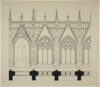 217159 Opstand en plattegrond van enkele traveeën van de kruisgang van de Domkerk te Utrecht.
